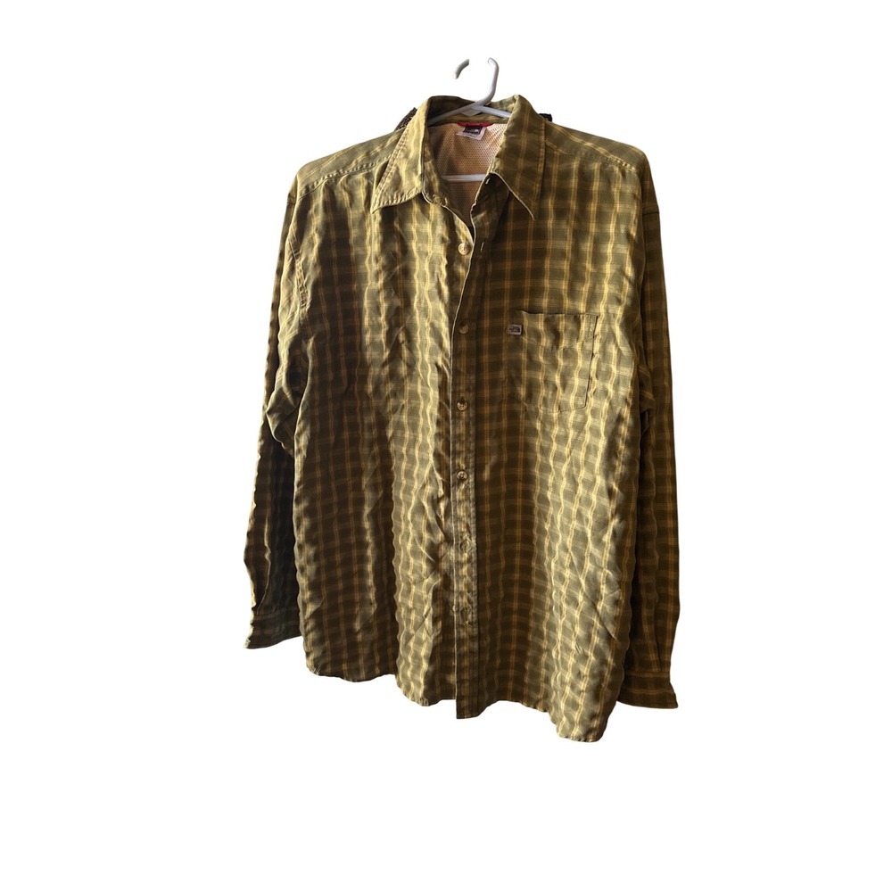 The North Face Mens Olive Green Plaid Mesh Lined Long Sleeve Hiking Shirt Large